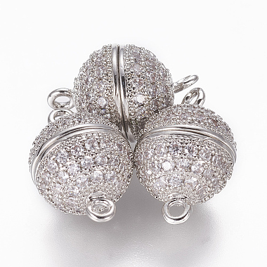 Platinum Clear Round Brass+Cubic Zirconia Magnetic Clasps