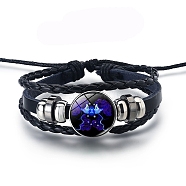 Alloy Braided Bead Bracelets, Leather Multi-Strand Bracelet, Glass Constellation Bracelet, Gemini, 7-7/8 inch(20cm)(PW-WG38488-09)