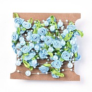 ABS Plastic Imitation Pearl Beaded Trim Garland Strand, with Polyester Ribbon Rose, for DIY Wedding Decoration, Light Sky Blue, Rose: 28.5x12mm, about 5m/card(OCOR-WH0030-75A)