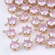 Transparent Glass Charms, with Brass Findings, Faceted, Crown, Light Gold, Pearl Pink, 8.5x6x5mm, Hole: 1mm(X-GLAA-T007-17E)