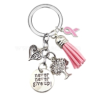 October Breast Cancer Pink Awareness Ribbon Alloy Pendant Keychain for Woman, with Tassel, Flat Round/Tree of Life/Heart, Antique Silver, 7cm(PW-WG17788-01)
