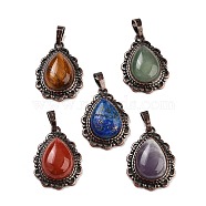 Natural Mixed Stone Teardrop Pendants, Red Copper Tone Brass Charms, Mixed Dyed and Undyed, 28.5x20.5x7mm, Hole: 8x5mm(G-K363-01R)