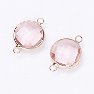 Glass Links connectors, with Brass Findings, Faceted, Flat Round, Light Gold, Pink, 22x14.7x6mm, Hole: 2mm(KK-E712-B04-KCG)