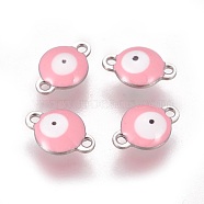 304 Stainless Steel Enamel Links connectors, Flat Round with Evil Eye, Stainless Steel Color, Pink, 14.5x10x4.5mm, Hole: 1.4mm(STAS-F206-02P-C09)