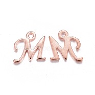 Rose Gold Plated Alloy Letter Pendants, Rack Plating, Cadmium Free & Lead Free, Letter.M, 13x13x2mm, Hole: 1.5mm(X-PALLOY-J718-01RG-M)