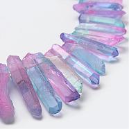 Electroplate Natural Quartz Crystal Beads Strands, Dyed, Faceted, Nuggets, Violet, 23~47x8.5~9.5x8~10mm, Hole: 2mm, 15.7 inch(40cm)(G-F462-01D)