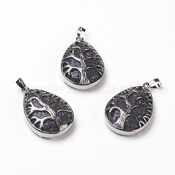 Natural Lava Rock Pendants, with Brass Findings, Teardrop with Tree of Life, Platinum, 39x25.5x7mm, Hole: 7.5x5mm(G-P378-A)