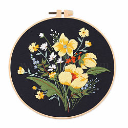 DIY Flower & Leaf Pattern Embroidery Kits, Including Printed Cotton Fabric, Embroidery Thread & Needles, Imitation Bamboo Embroidery Hoop, Black, 20x20cm(SENE-PW0005-004B)