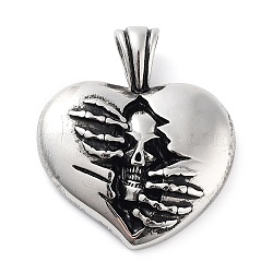304 Stainless Steel Pendants, Heart with Skull Charm, Antique Silver, 35.5x30x5mm, Hole: 5x6mm(STAS-R225-30AS)