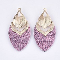 PU Leather Big Pendants, with Golden Plated Alloy Findings, Teardrop, Old Rose, 61x30.5x7mm, Hole: 2mm(FIND-S299-43E)