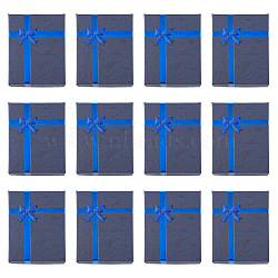 Cardboard Jewelry Set Box, for Necklace, Ring, Earring Packaging, with Bowknot Ribbon Outside and White Sponge Inside, Rectangle, Marine Blue, 9x7x2.6cm(CON-TAC0011-02A)