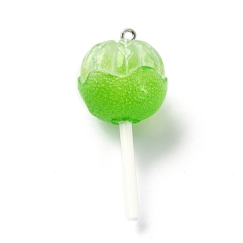Translucent Resin Imitation Food Pendants, Lollipop Charms with Platinum Tone Iron Loops, Green, 48~50.5x22.5mm
