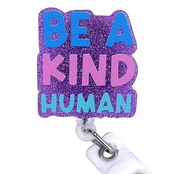 Glittered Plastic Retractable Badge Reel, Card Holders, with Iron Alligator Clips, Word Be A Kind Human, Blue, 93mm, Word: 41x38mm