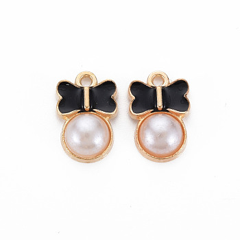 Alloy Enamel Charms, with ABS Plastic Imitation Pearl, Bowknot, Light Gold, Black, 15x10x4mm, Hole: 1.2mm