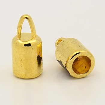 Tibetan Style Alloy Cord Ends, Lead Free and Cadmium Free, Column, Golden, 14x6.5mm, Hole: 4mm, Inner Diameter: 4~5mm