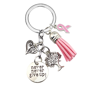 October Breast Cancer Pink Awareness Ribbon Alloy Pendant Keychain for Woman, with Tassel, Flat Round/Tree of Life/Heart, Antique Silver, 7cm