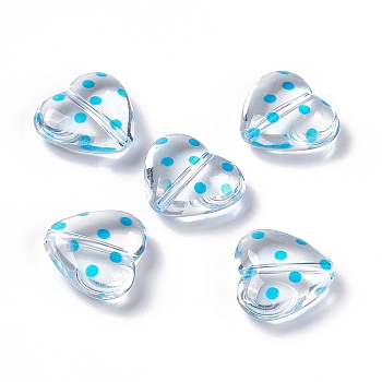 Transparent Acrylic Beads, Heart with Polka Dot Pattern, Clear, Deep Sky Blue, 15.5x17.5x6mm, Hole: 1.7mm