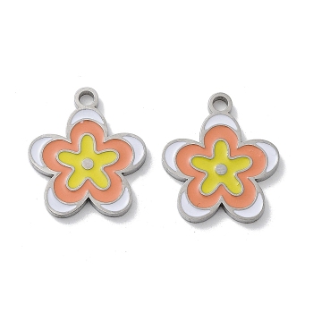 304 Stainless Steel Enamel Pendants, Flower Charm, Stainless Steel Color, Gold, 17x15x1.5mm, Hole: 1.8mm