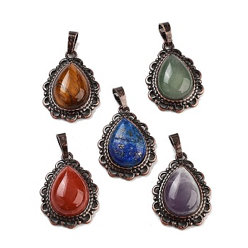 Natural Mixed Stone Teardrop Pendants, Red Copper Tone Brass Charms, Mixed Dyed and Undyed, 28.5x20.5x7mm, Hole: 8x5mm