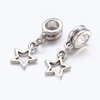 Alloy European Dangle Charms, Star, Antique Silver, 23mm, Hole: 5mm