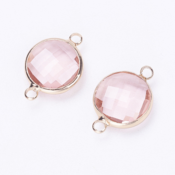 Glass Links connectors, with Brass Findings, Faceted, Flat Round, Light Gold, Pink, 22x14.7x6mm, Hole: 2mm