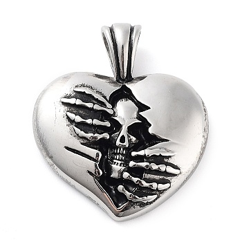 304 Stainless Steel Pendants, Heart with Skull Charm, Antique Silver, 35.5x30x5mm, Hole: 5x6mm