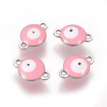 304 Stainless Steel Enamel Links connectors, Flat Round with Evil Eye, Stainless Steel Color, Pink, 14.5x10x4.5mm, Hole: 1.4mm