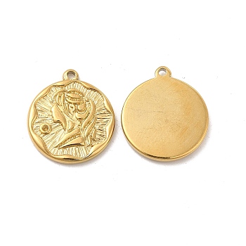 Ion Plating(IP) 304 Stainless Steel Pendants, Flat Round with Girl Charm, Real 18K Gold Plated, 18x16x2mm, Hole: 1.4mm