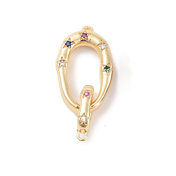 Brass Micro Pave Colorful Cubic Zirconia Interlocking Clasps, Oval, Real 18K Gold Plated, 22x13x3.8mm, Hole: 1.2mm
