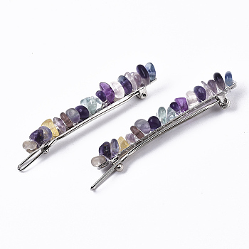 Platinum Plated Alloy French Hair Barrettes, with Natural Mixed Gemstone Chips, Cadmium Free & Lead Free, 67x10~11x12mm