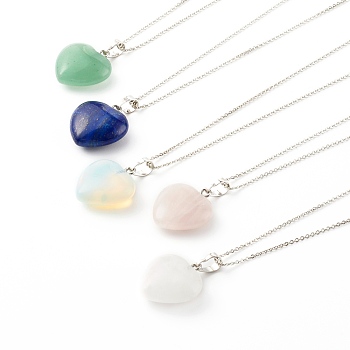 Mixed Gemstone Heart Pendant Necklaces, with Brass Cable Chains, Platinum, 17.5 inch(44.5cm)