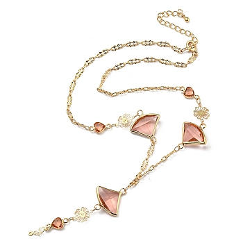 Faceted Fan & Heart Glass Pendant Necklaces, Brass Chain Neckalces, Golden, 15.94 inch(40.5cm)