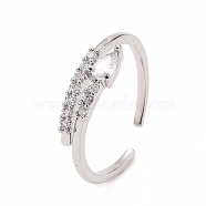 Clear Cubic Zirconia Teardrop Open Cuff Ring, Brass Jewelry for Women, Platinum, Inner Diameter: 17mm(RJEW-B028-27P)