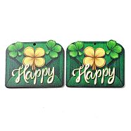 Saint Patrick's Day Single Face Printed Wood Pendants, Envelope Charms with Clover, Green, 41x49x2.5mm, Hole: 2mm(WOOD-E016-05)