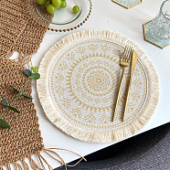 Polyester Braided Washable Placemat, Bohemian Style Woven Tassel Coaster, Flat Round, Wheat, 330mm(BOHO-PW0001-078B)