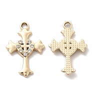 UV Plating Alloy Pendants, with Crystal Rhinestone, Cross with Heart Charms, Golden, 26.5x17.5x2.5mm, Hole: 2.2mm(ALRI-M020-24G)
