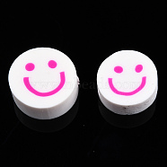 Handmade Polymer Clay Beads, Flat Round with Smiling Face, Magenta, 9~10x4mm, Hole: 1.2~1.6mm(CLAY-N011-64-07)