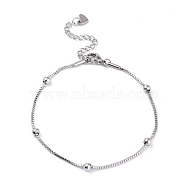 304 Stainless Steel Box Chain Bracelets, with Round Beads, Stainless Steel Color, 8 inch(20.4cm)(BJEW-I295-06P)