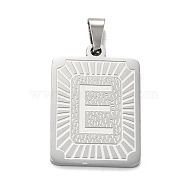 304 Stainless Steel Pendants, Rectangle with Alphabet, Letter.E, 30x20x1.5mm, Hole: 3x6mm(STAS-K216-48E-P)