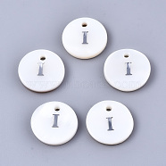Natural Freshwater Shell Pendants, with Platinum Plated Iron Etched Metal Embellishments, Flat Round with Initial Letter, White, Letter.I, 11x2mm, Hole: 1.5mm(X-SHEL-Q018-01A-I-P)