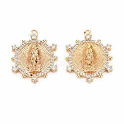 Brass Micro Pave Clear Cubic Zirconia Pendants, Nickel Free, Flat Round with Holy Virgin, Real 18K Gold Plated, 25x20x3mm, Hole: 1.4mm(KK-S356-731)