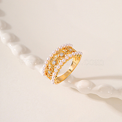 Brass Micro Pave Cubic Zirconia Finger Ring, with Plastic Bead, Real 18K Gold Plated, US Size 9(18.9mm)(AH5761-4)