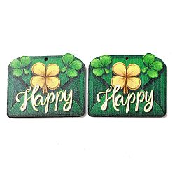 Saint Patrick's Day Single Face Printed Wood Pendants, Envelope Charms with Clover, Green, 41x49x2.5mm, Hole: 2mm(WOOD-E016-05)