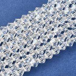 Glass Beads Strands, Pearl Luster Plated, Faceted, Bicone, Clear, about 6mm in diameter, hole: 1mm, 46pcs/strand, 10.63 inch(X-GB6mm1Y-B)