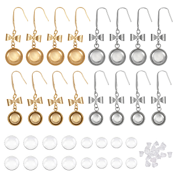 8 Pairs 4 Styles Blank Dome Bowknot with Flat Round Dangle Earrings, 304 Stainless Steel Jewelry for Women, Golden & Stainless Steel Color, 45~46mm, Pin: 0.7mm, 2 Pair/style