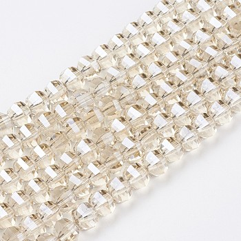 Electroplate Glass Beads Strands, Faceted, Rondelle, Pearl Luster Plated, Light Khaki, 8x6mm, Hole: 1.2mm, about 78~79pcs/strand, 18.9 inch(48cm)