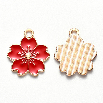 Alloy Enamel Pendants, Sakura Flower, Light Gold, Red, 20.5x17.5x1.5mm, Hole: 2mm