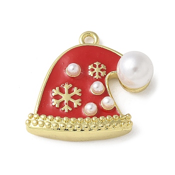 Christmas Brass Enamel Pendants, with ABS Imitation Pearl Beads, Rack Plating, Long-Lasting Plated, Real 18K Gold Plated, Hat, 19x21x6mm, Hole: 1.5mm