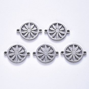Tarnish Resistant 201 Stainless Steel Links Connectors, Laser Cut, Flat Round with Flower, Stainless Steel Color, 14.5x19.5x1.5mm, Hole: 1.6mm