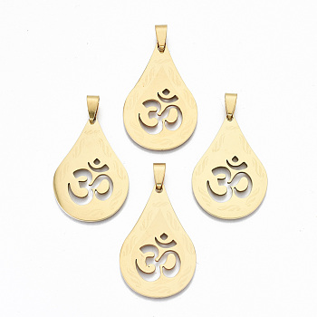 Hollow Out Design Pendants, 201 Stainless Steel Pendants, with Snap on Bails, Laser Cut, Teardrop with Aum/Om Symbol, Real 18K Gold Plated, 40x27x1.5mm, Hole: 9x4mm